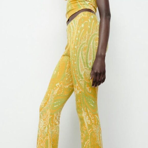 NWT Zara Jacquard Yellow and Green Paisley Flare Pants - Picture 3 of 7
